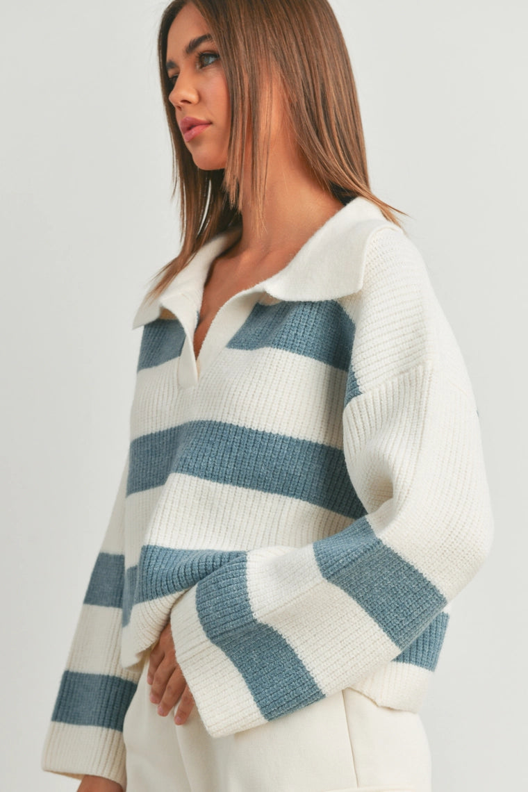 Stripe Drop-Collar Sweater